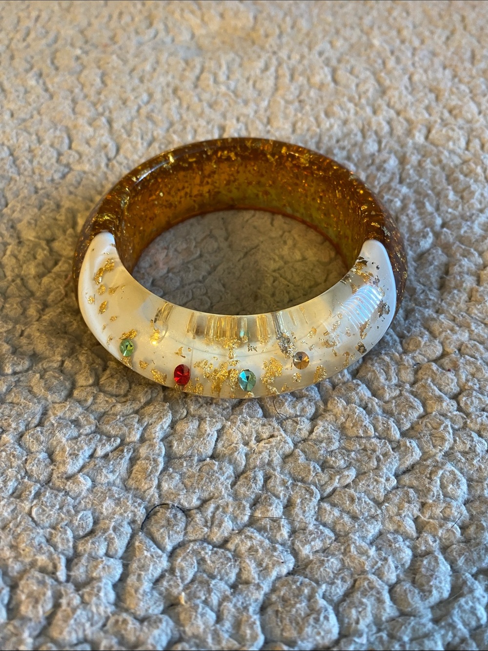 Vintage 1950’s Amber,Gold,White Lucite Bangle Bracelet w Colored Gems